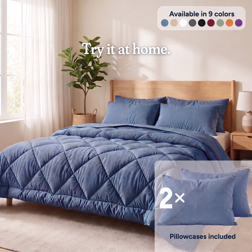 The 2-in-1 Comforter · Try it at home · Available in 9 colors · 2× Pillowcases included