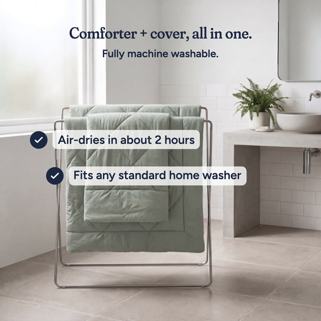 Comforter + cover, all in one. Fully machine washable. · Air-dries in about 2 hours · Fits any standard home washer