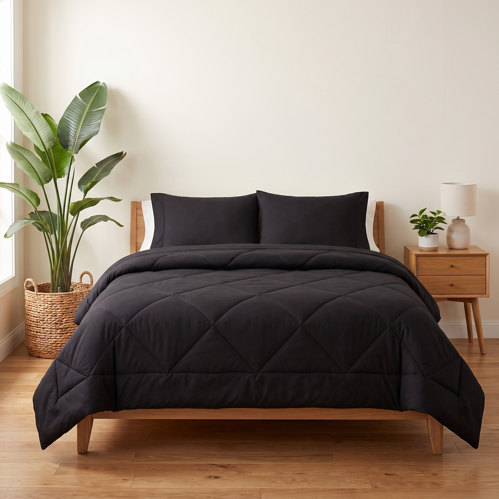The 2-in-1 Comforter in Midnight Black on a made bed