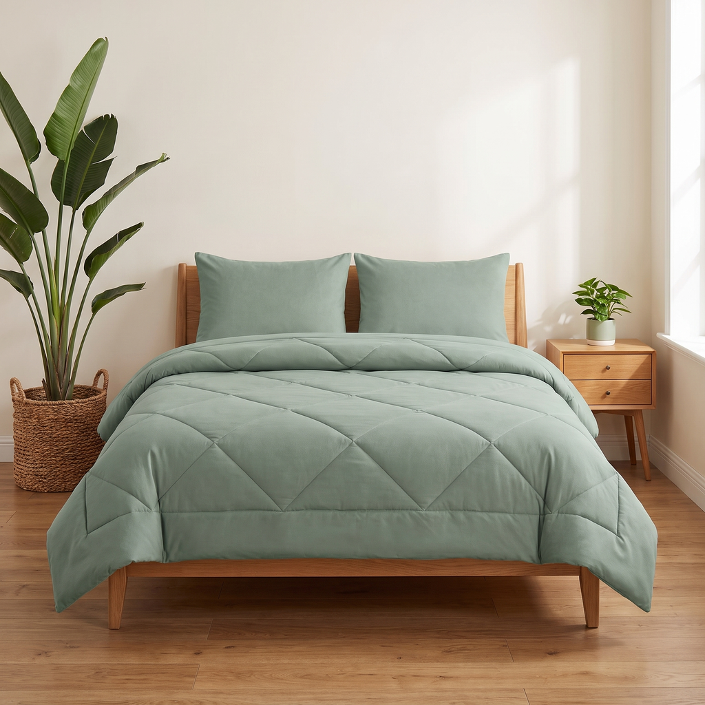 The 2-in-1 Comforter in Soft Mint on a made bed