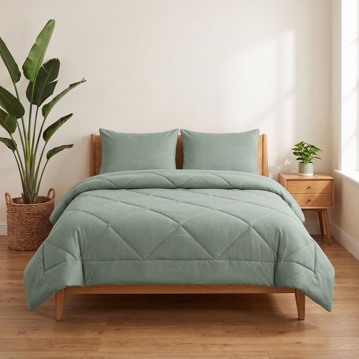 The 2-in-1 Comforter in Soft Mint on a made bed