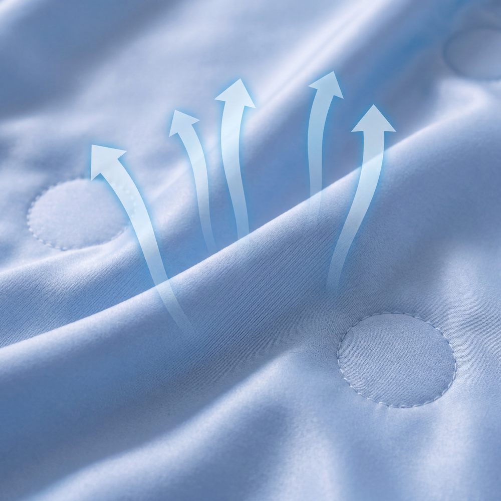 Close-up of cool blue fabric with arrows showing heat moving away