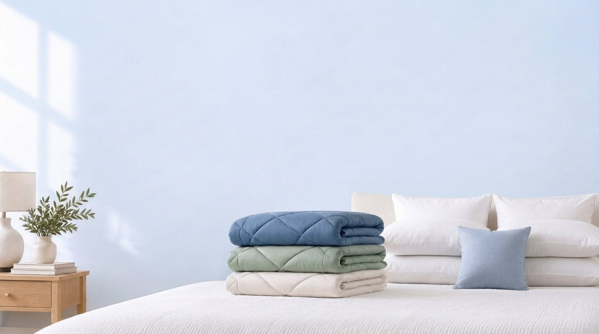 Folded comforters and pillows on a bed in a calm, bright room