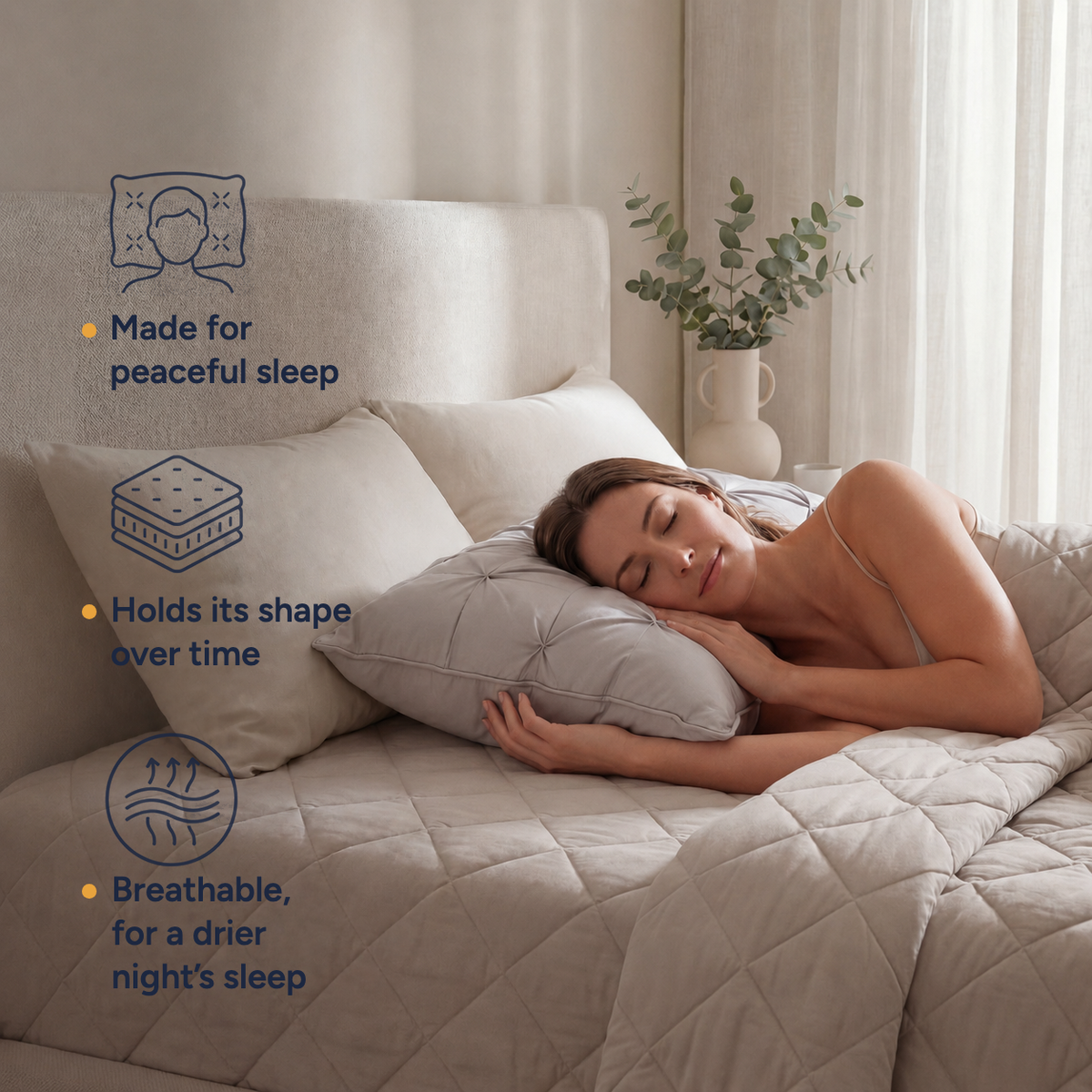 Made for peaceful sleep · Holds its shape over time · Breathable, for a drier night's sleep